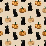 Seamless pattern with black cat and pumpkin N2