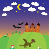 landscape with castle wizard Cartoon Dragon bats Night vector