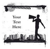 urban scene with actor on stilts and message