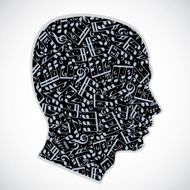 Vector silhouette of a head filled with musical notes N2