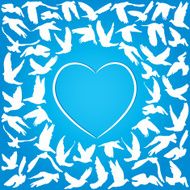 Flying dove for peace concept wedding design heart blue background