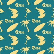 Seamless pattern with palm trees yacht waves surfboard