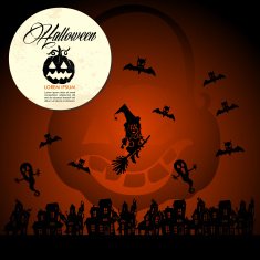 Halloween full moon pumpkin flying witch and bats customizable text