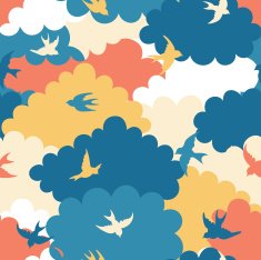 Colorful seamless pattern with birds and clouds