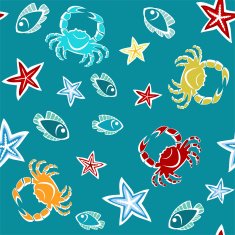 Seamless pattern with starfishes crabs and fishes