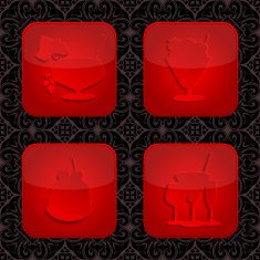 Set of desserts and drinks on ornamental background