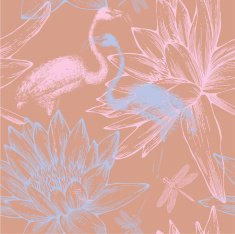 Seamless pattern with blue and pink flamingos dragonflies water lilies N2