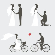 Set of bride and groom poses for wedding invitations