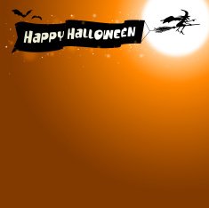 Witch and bats flying Happy Halloween banner across the moon