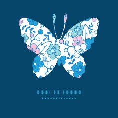 Vector blue and pink kimono blossoms butterfly silhouette pattern frame