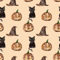 Seamless pattern with black cat and pumpkin