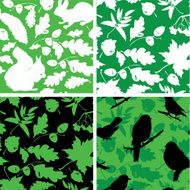 Set of Seamless patterns with birds leaves and squirrel silhouettes