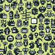 Cartoon robots faces seamless pattern on green