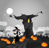 witch with broom standing in front of her house