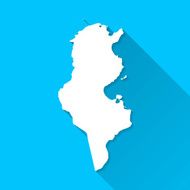 Tunisia Map on Blue Background Long Shadow Flat Design
