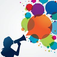 Woman with megaphone and speech bubbles