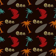 Seamless pattern with coconut palm trees yacht waves surfboard