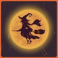 Halloween background with silhouette witch against moon vintage grunge