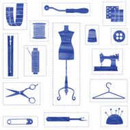 Blue isolated sewing and tailoring symbols with stitched border N2