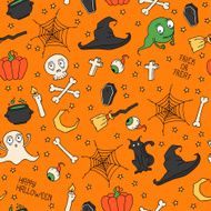 Happy Halloween Seamless pattern with pumpkins skulls Trick or treat N6