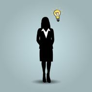 Business woman with lightbulb has an idea on green background