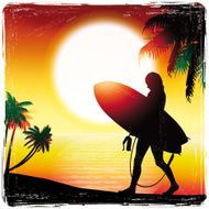 Surfer Girl Silhouette at the beach against a sun