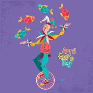 Clown on unicycle juggling fish April Fool&rsquo;s Day