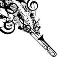 Vector Silhouette of Trombone with Musical Symbols