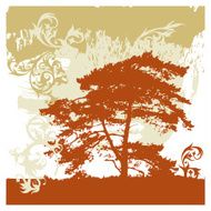 Silhouette of tree on grunge background and calligraphy flowers ornament N3
