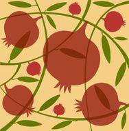 Pomegranates and Green Branches On Yellow Background
