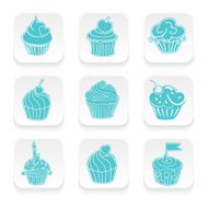 Set of Nine Cute Cupcake Icons On 3D Button