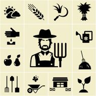 Farmer surrounded by farming themed icons