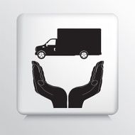 Square Icon With Two Hands Cupping a Freight Truck Silhouette N2