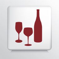 Square Icon with Wine Bottle and Two Glasses Red Silhouette
