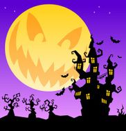 Scary Halloween background with castle trees and horrible moon