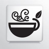 Square icon detailing steaming tea cup with decorative leaf