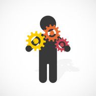 black silhouette of a man holds three gear wheels