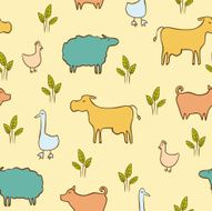 hand drawn doodle farm animals and birds seamless pattern