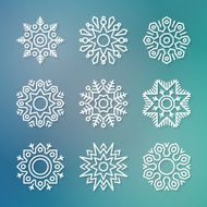 Christmas flat line vector snowflakes with shadows on blurred background