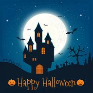 Dark house on blue full Moon Happy Halloween Vector illustrati