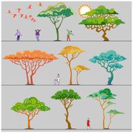Color trees People birds and sun Set Design elements N2