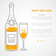 Happy new year greeting card with champagne bottle and glass