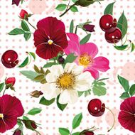 seamless pattern of the roses pansies and cherries