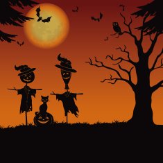 Halloween landscape scarecrows and pumpkin