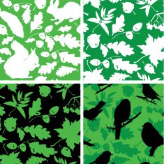 Set of Seamless patterns with birds leaves and squirrel silhouettes