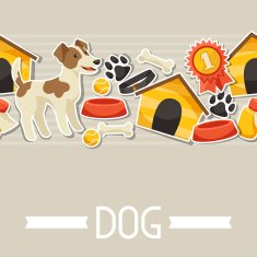 Seamless pattern with cute sticker dogs icons and objects