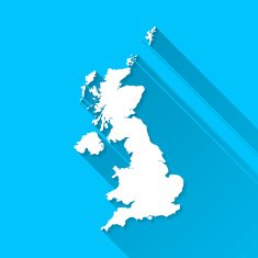 United Kingdom Map on Blue Background Long Shadow Flat Design