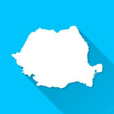 Romania Map on Blue Background Long Shadow Flat Design