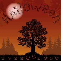 Halloween landscape with bats trees and pumpkins