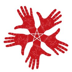 Five open hands abstract symbol with pentagonal star detailed